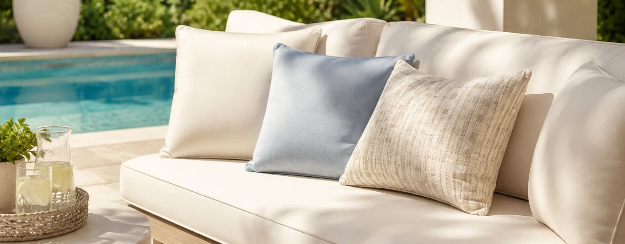 Beige outdoor sofa with decorative pillows by a poolside Beige outdoor sofa with decorative pillows by a poolside