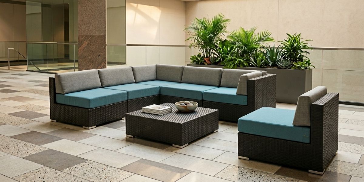 Sunbrella Blue and Gray Chair Cushions Unite Office Gathering Space