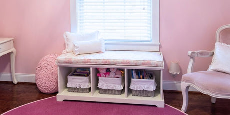 Ralph Lauren Toile Bench Seat Cushion Adds Soft Touch to Feminine Bedroom