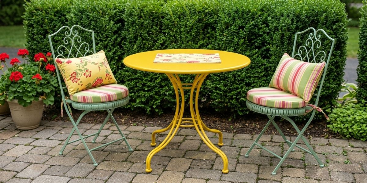 Round Duralee Royal Palm Kiwi Pink seat cushions with ties on an outdoor bistro set