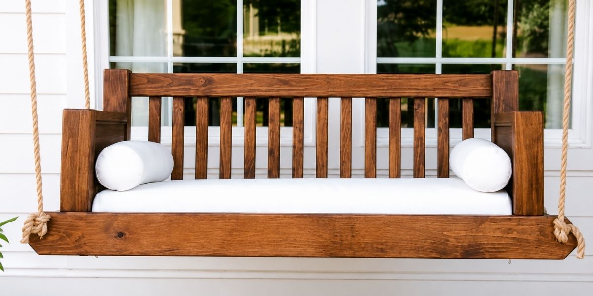 Traditional Porch Swing Stands Out With Classic White Sunbrella Cushions
