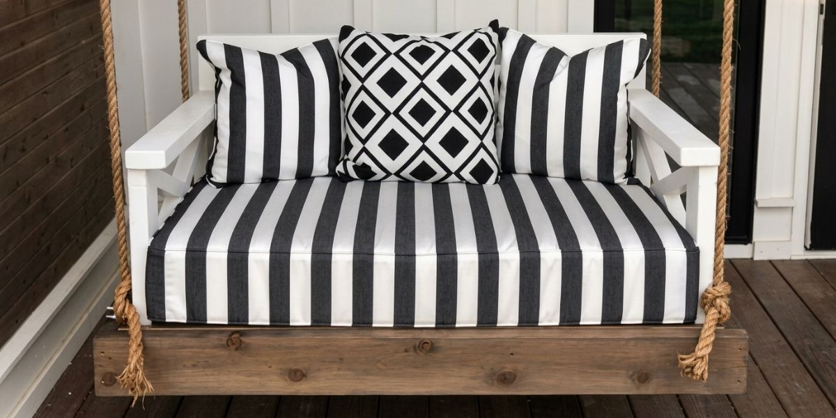 Classic Black and White Sunbrella Doesn't Disappoint on This Rustic Porch Swing Stunner