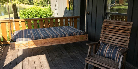 Rustic Porch a Peaceful Spot to Enjoy Sunbrella Swing Bed Cushion and Rocker