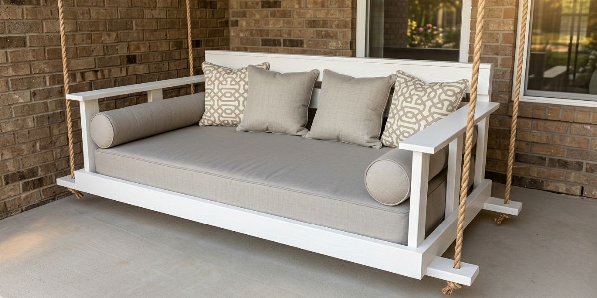 Sunbrella Neutrals Blend Well on Roomy Porch Swing Bed