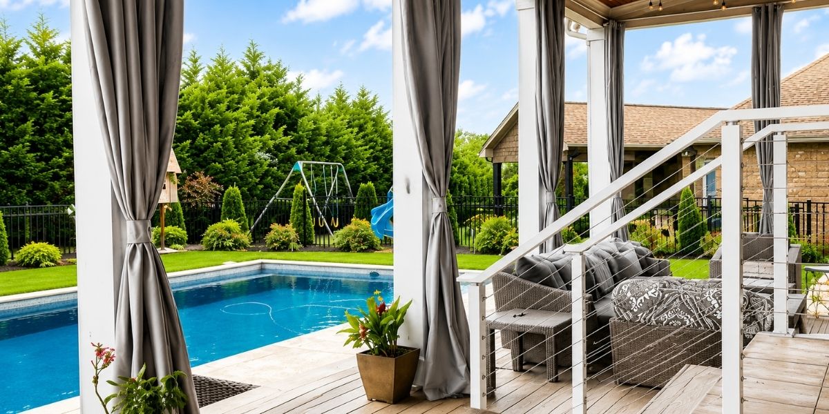 Extra Tall Custom Outdoor Curtains Surround Patio in Sunbrella Canvas Granite