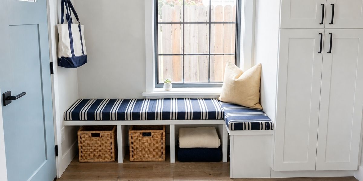 Charming Mudroom Adds Nautical Flair with Hampton Indigo Bench Cushions