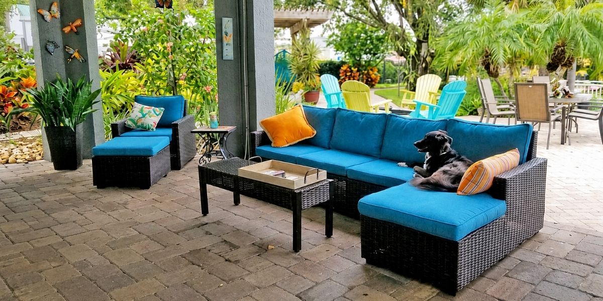 Teal Sunbrella Seat Cushions on Patio are Durable and Dog-Approved