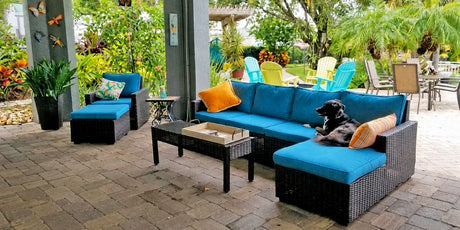 Teal Sunbrella Seat Cushions on Patio are Durable and Dog-Approved