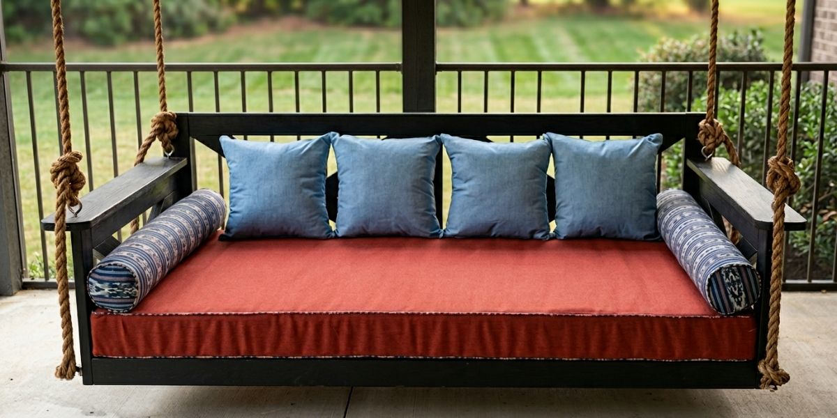 Unexpected Sunbrella Hues Come Together Vividly on This Cozy Porch Swing Daybed
