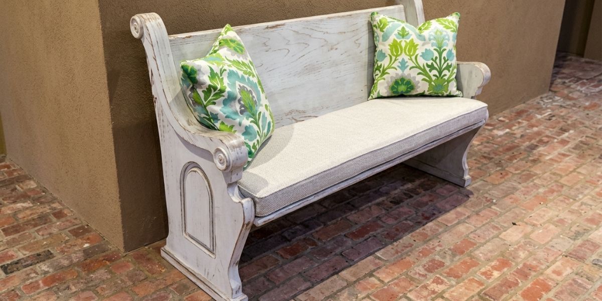 Antique Bench Gets New Cushion in Sunbrella Linen Silver - Patio Lane