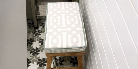 Bold Pattern Choice Covers Laundry Room Bench Cushion with Sunbrella Fretwork Mist