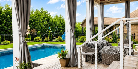 Extra Tall Custom Outdoor Curtains Surround Patio in Sunbrella Canvas Granite