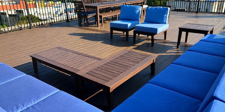 Extra Thick Cushions Create a Rooftop Lounge in Sunbrella Dupione Galaxy