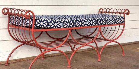 Ornate Cushion in Sunbrella Luxe Indigo Complements Antique Bench