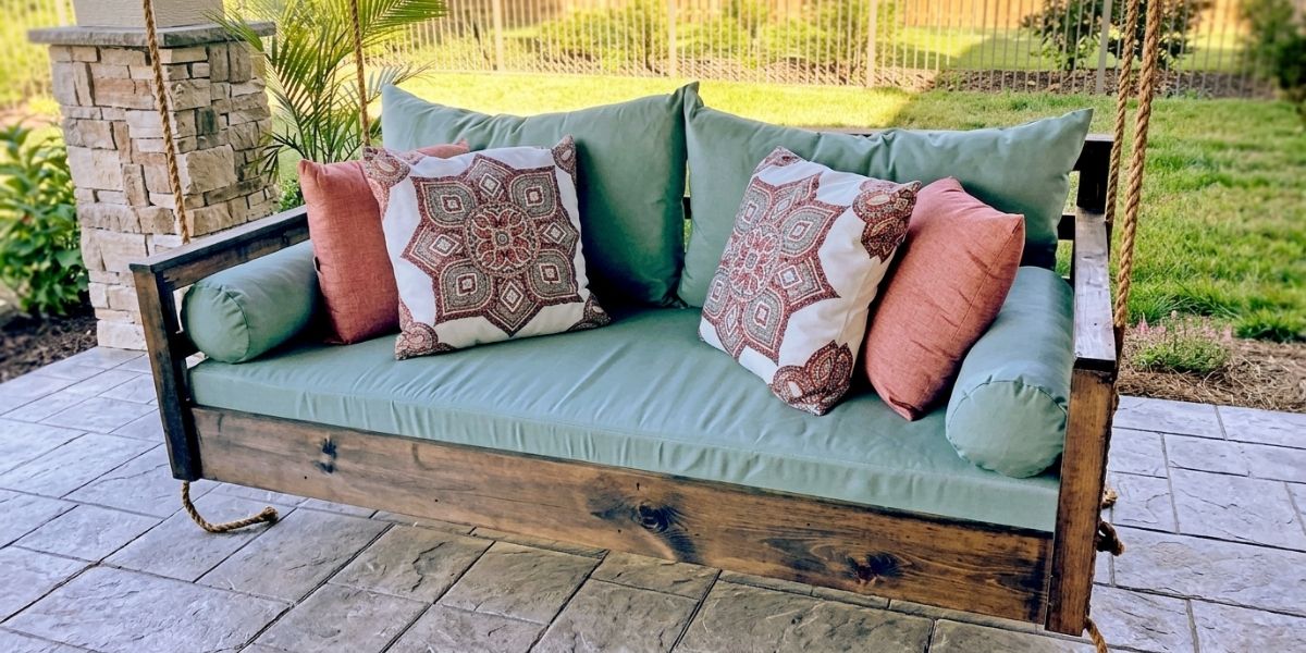 Sunbrella Canvas Glacier Daybed Cushion Set Cools Off a Porch Swing - Patio Lane