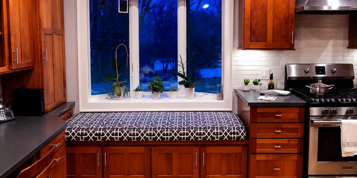 Window Seat Cushion in Sunbrella Bevel Smoke Keeps Kitchen Comfortable