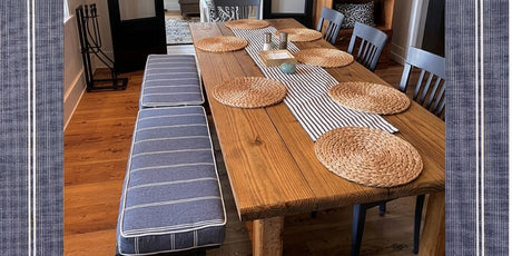 Wood Focused Dining Room Balanced by Sunbrella Equal Ink Bench Cushions - Patio Lane