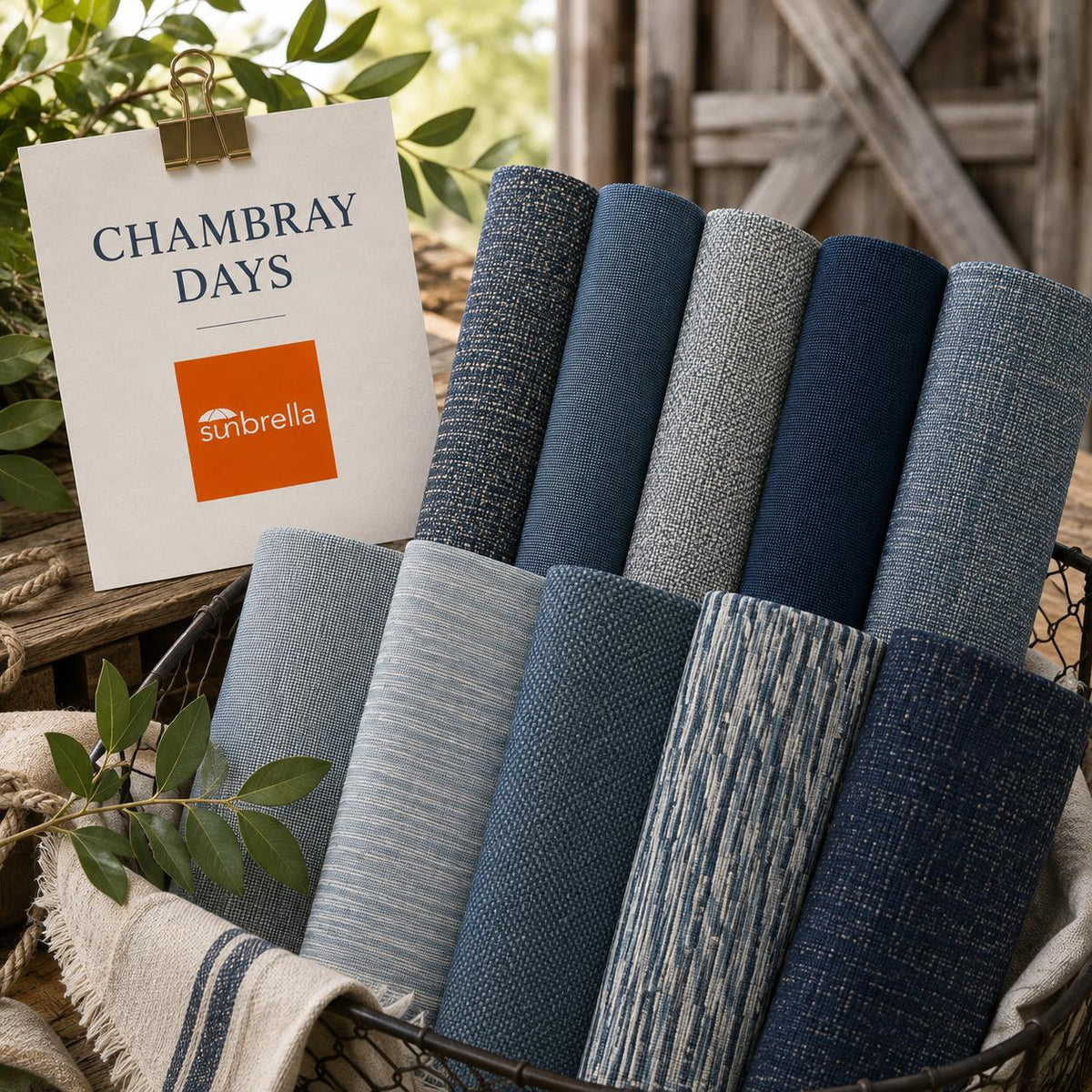 Chambray Days outdoor fabric sample pack featuring chambray, denim, mist and deep indigo blue fabric swatches