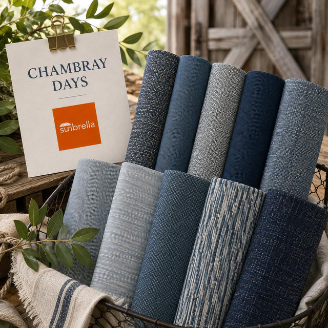 Chambray Days outdoor fabric sample pack featuring chambray, denim, mist and deep indigo blue fabric swatches