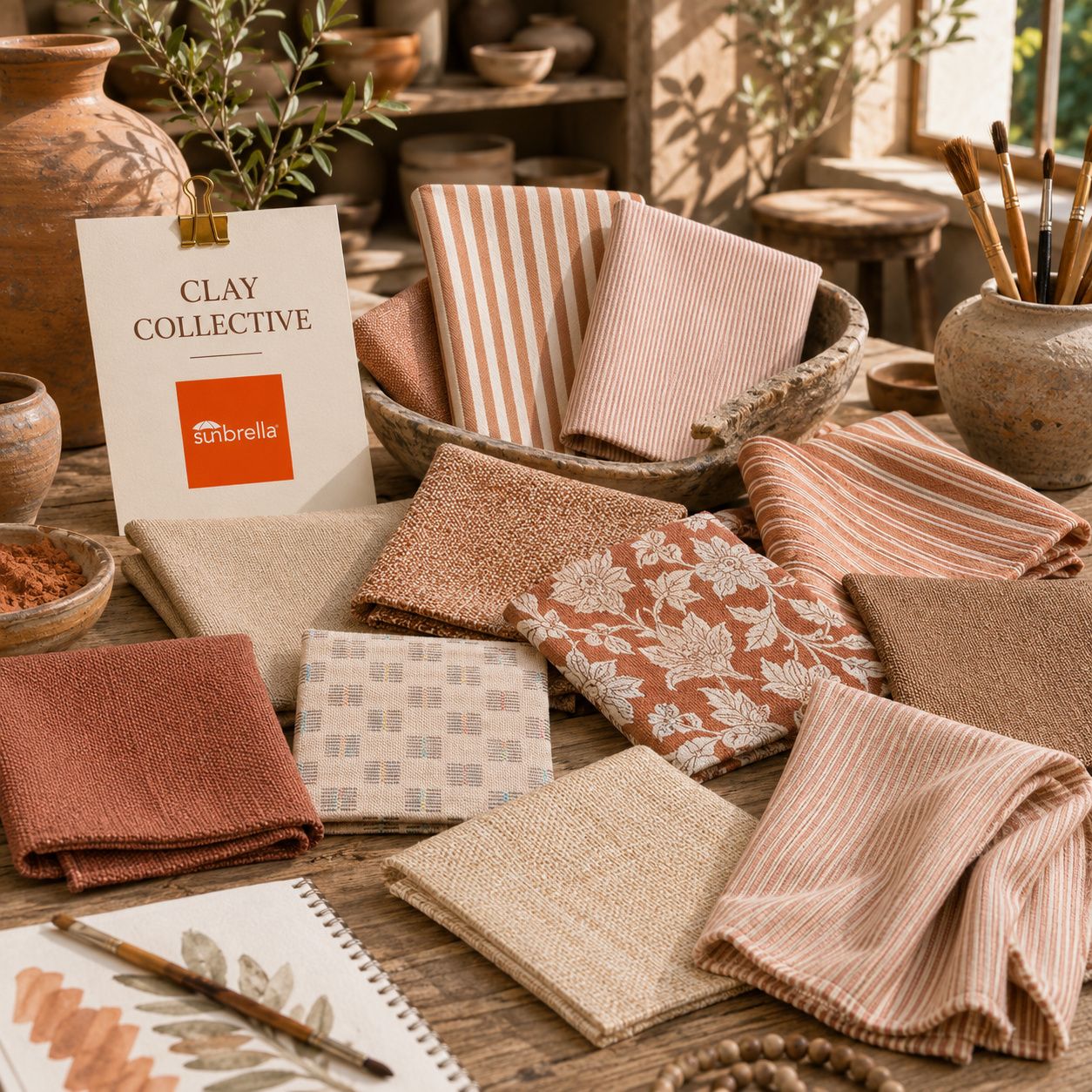 Clay Collective outdoor fabric sample pack featuring clay, terracotta, canyon and warm earth-tone fabric swatches