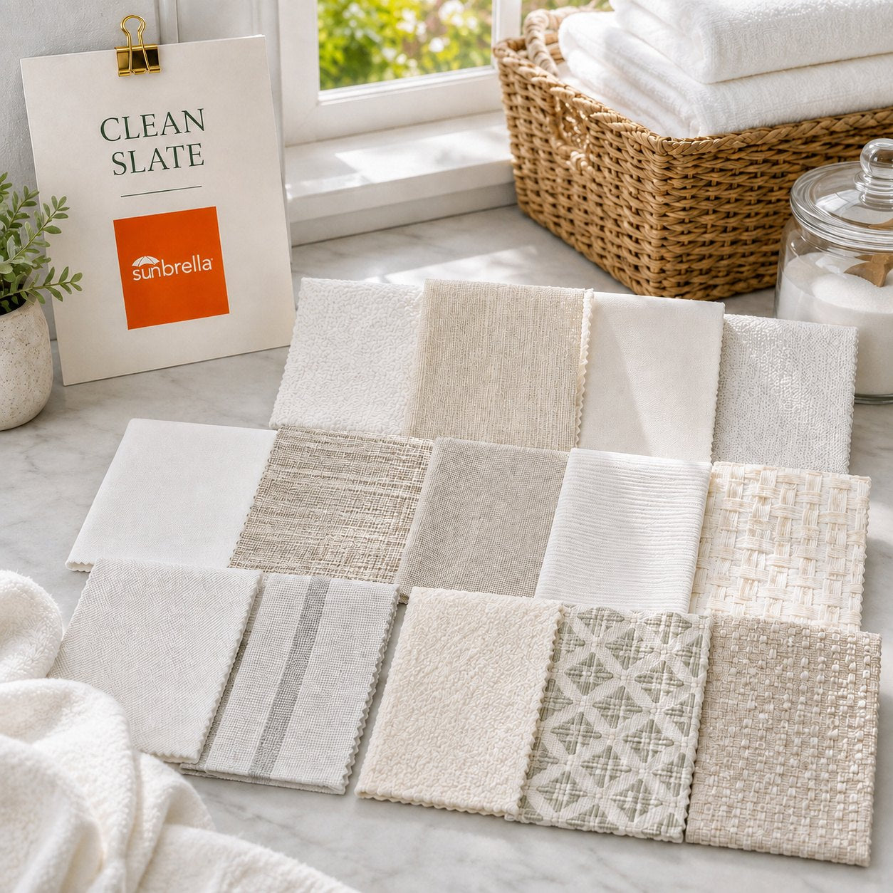 Clean Slate outdoor Sunbrella fabric sample pack featuring white, ivory, eggshell and natural neutral fabric swatches