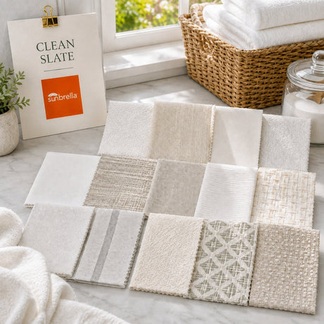 Clean Slate outdoor Sunbrella fabric sample pack featuring white, ivory, eggshell and natural neutral fabric swatches