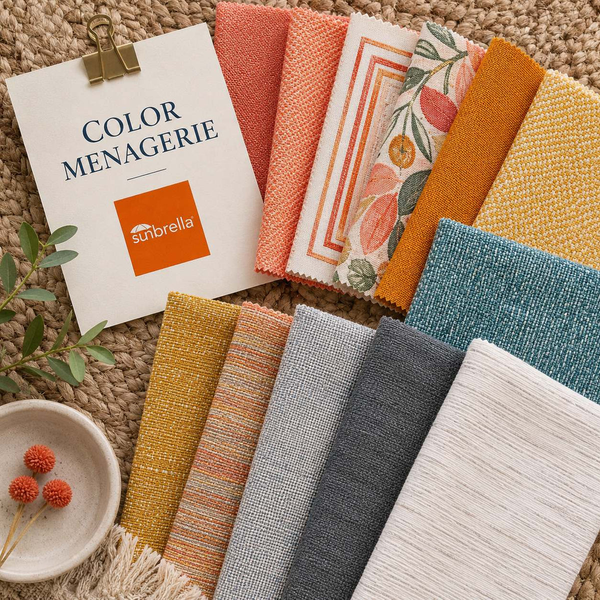 Color Menagerie colorful outdoor fabric sample pack with warm, cool and multicolor patterned fabric swatches
