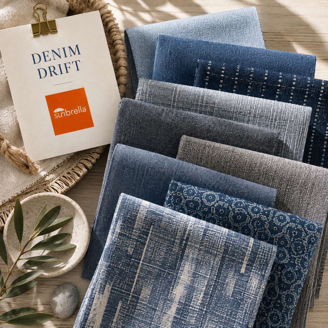 Denim Drift outdoor fabric sample pack featuring chambray, denim, slate and indigo blue fabric swatches