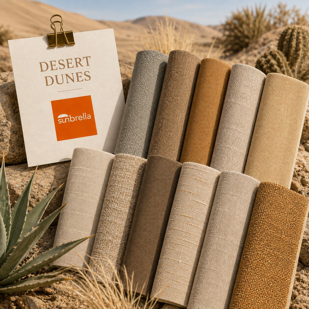 Desert Dunes neutral outdoor fabric sample pack featuring sand, stone, mocha and warm earth-tone fabric swatches