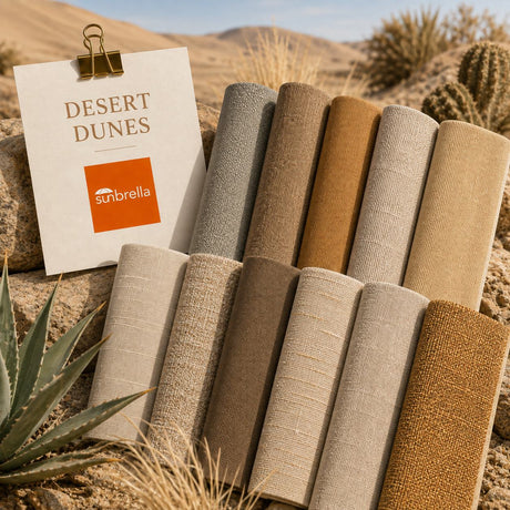 Desert Dunes neutral outdoor fabric sample pack featuring sand, stone, mocha and warm earth-tone fabric swatches