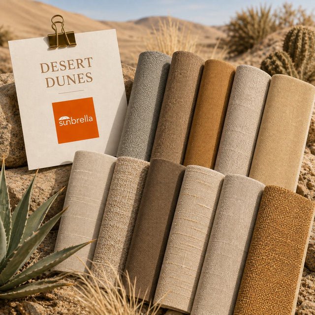 Desert Dunes neutral outdoor fabric sample pack featuring sand, stone, mocha and warm earth-tone fabric swatches