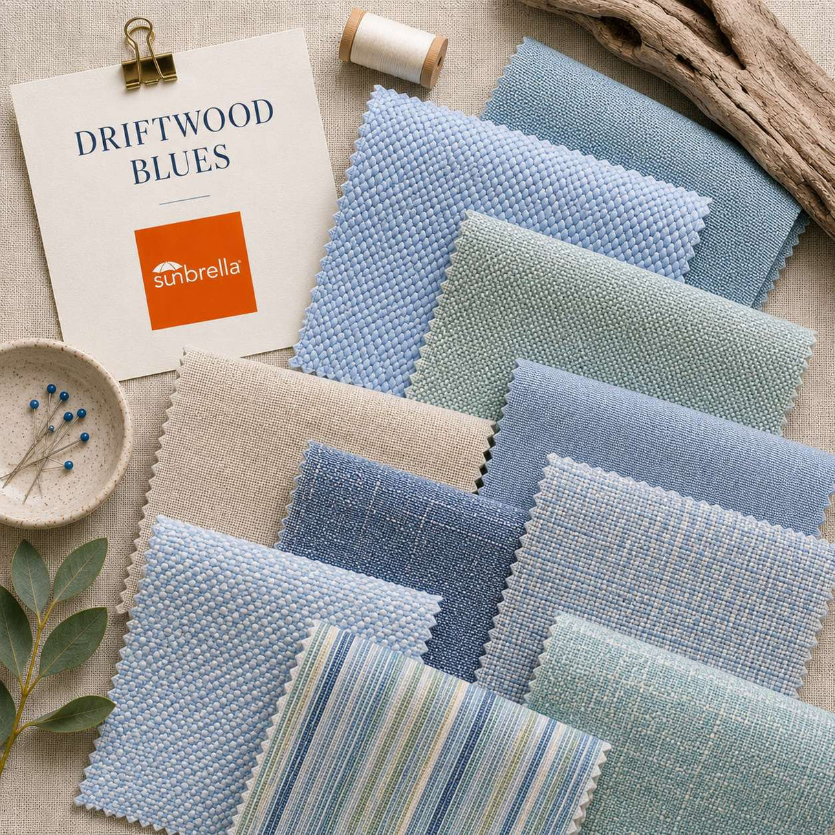 Driftwood Blues outdoor fabric sample pack with soft coastal blue, linen neutral and muted green fabric swatches