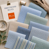Driftwood Blues outdoor fabric sample pack with soft coastal blue, linen neutral and muted green fabric swatches