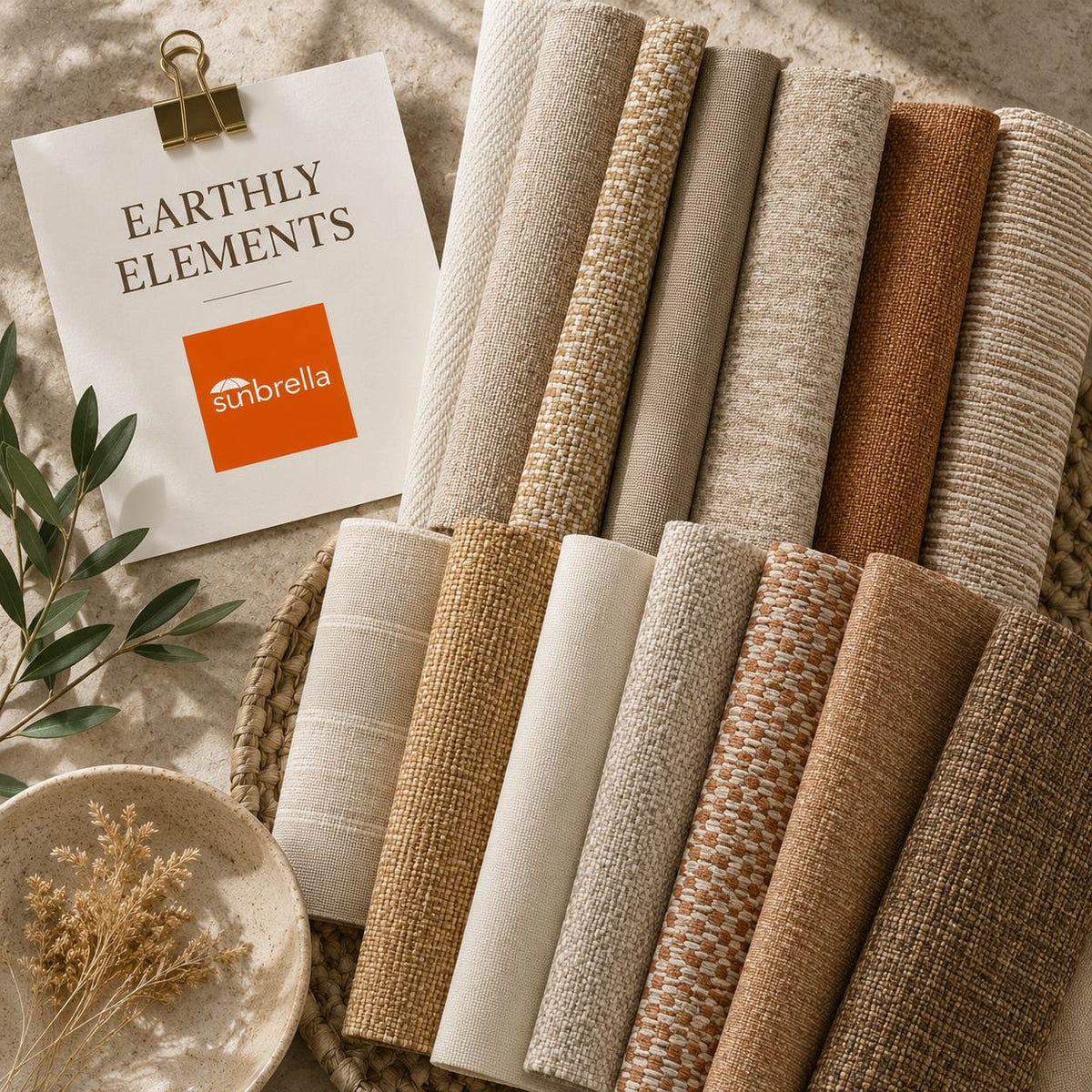 Earthly Elements neutral outdoor fabric sample pack with sand, taupe, oat and warm earth-tone fabric swatches