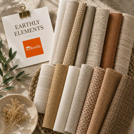 Earthly Elements neutral outdoor fabric sample pack with sand, taupe, oat and warm earth-tone fabric swatches