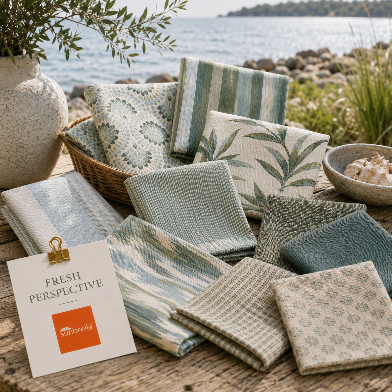 Fresh Perspective outdoor fabric sample pack featuring sage, moss, aloe and botanical green fabric swatches
