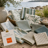 Fresh Perspective outdoor fabric sample pack featuring sage, moss, aloe and botanical green fabric swatches