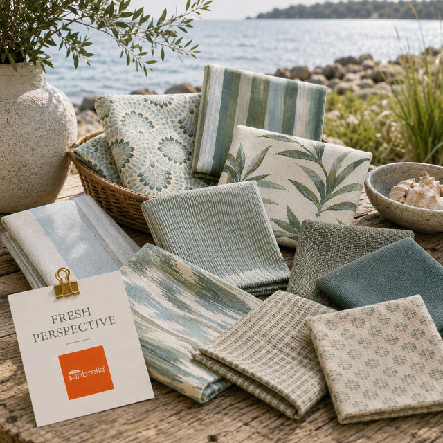 Fresh Perspective outdoor fabric sample pack featuring sage, moss, aloe and botanical green fabric swatches