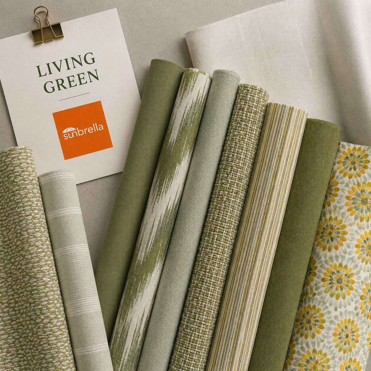 Living Green outdoor fabric sample pack featuring fern, moss, juniper and earthy green fabric swatches