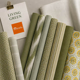 Living Green outdoor fabric sample pack featuring fern, moss, juniper and earthy green fabric swatches