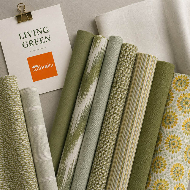 Living Green outdoor fabric sample pack featuring fern, moss, juniper and earthy green fabric swatches
