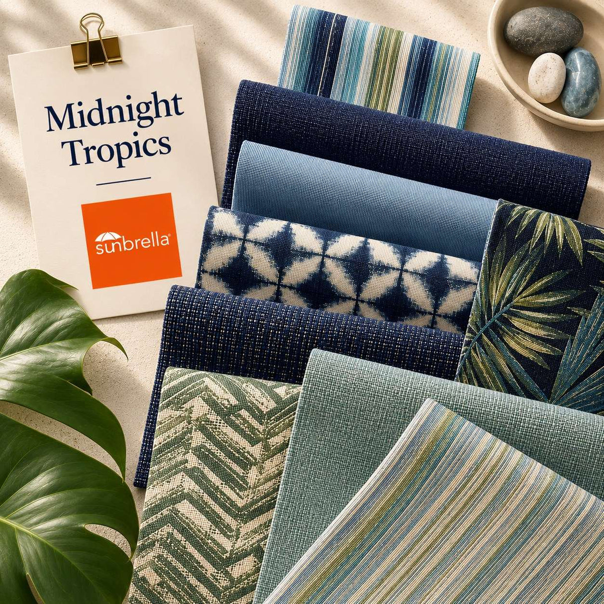 Midnight Tropics outdoor fabric sample pack with indigo blue, lagoon and tropical green fabric swatches