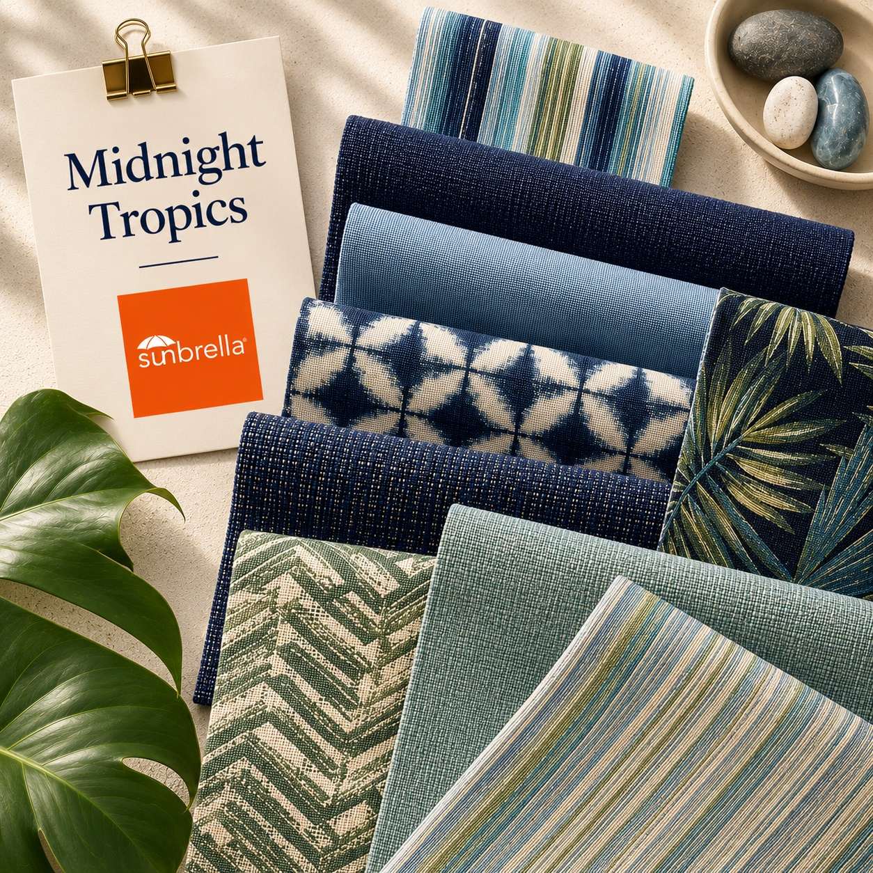 Midnight Tropics outdoor fabric sample pack with indigo blue, lagoon and tropical green fabric swatches
