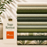 Sage Retreat green outdoor fabric sample pack featuring sage, moss and botanical-inspired fabric swatches