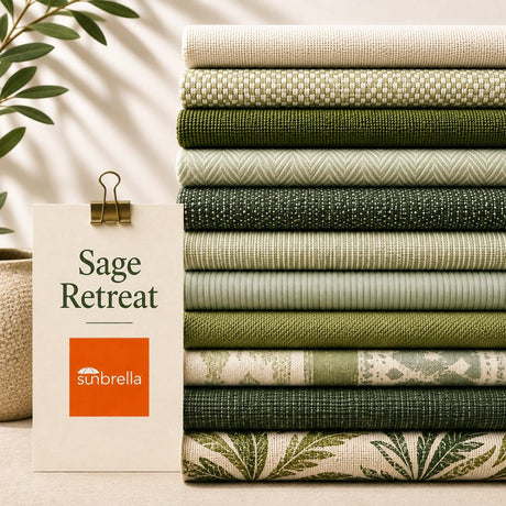 Sage Retreat green outdoor fabric sample pack featuring sage, moss and botanical-inspired fabric swatches