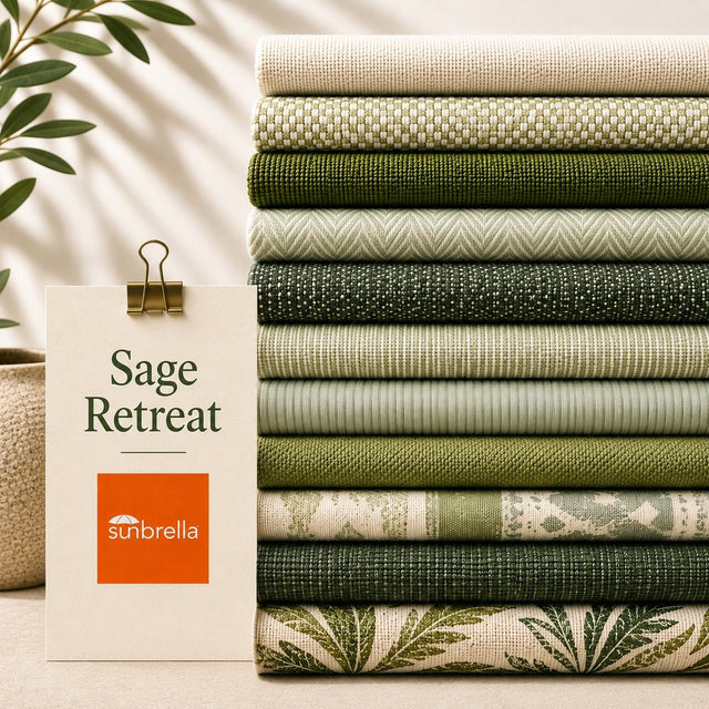 Sage Retreat green outdoor fabric sample pack featuring sage, moss and botanical-inspired fabric swatches
