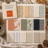 Seasonal Pairings colorful outdoor fabric sample pack featuring warm yellow, terracotta, green, navy and botanical-inspired fabric swatches