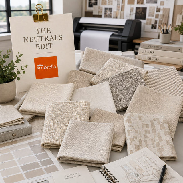 The Neutrals Edit outdoor fabric sample pack featuring linen, sand, dune, parchment and soft neutral fabric swatches