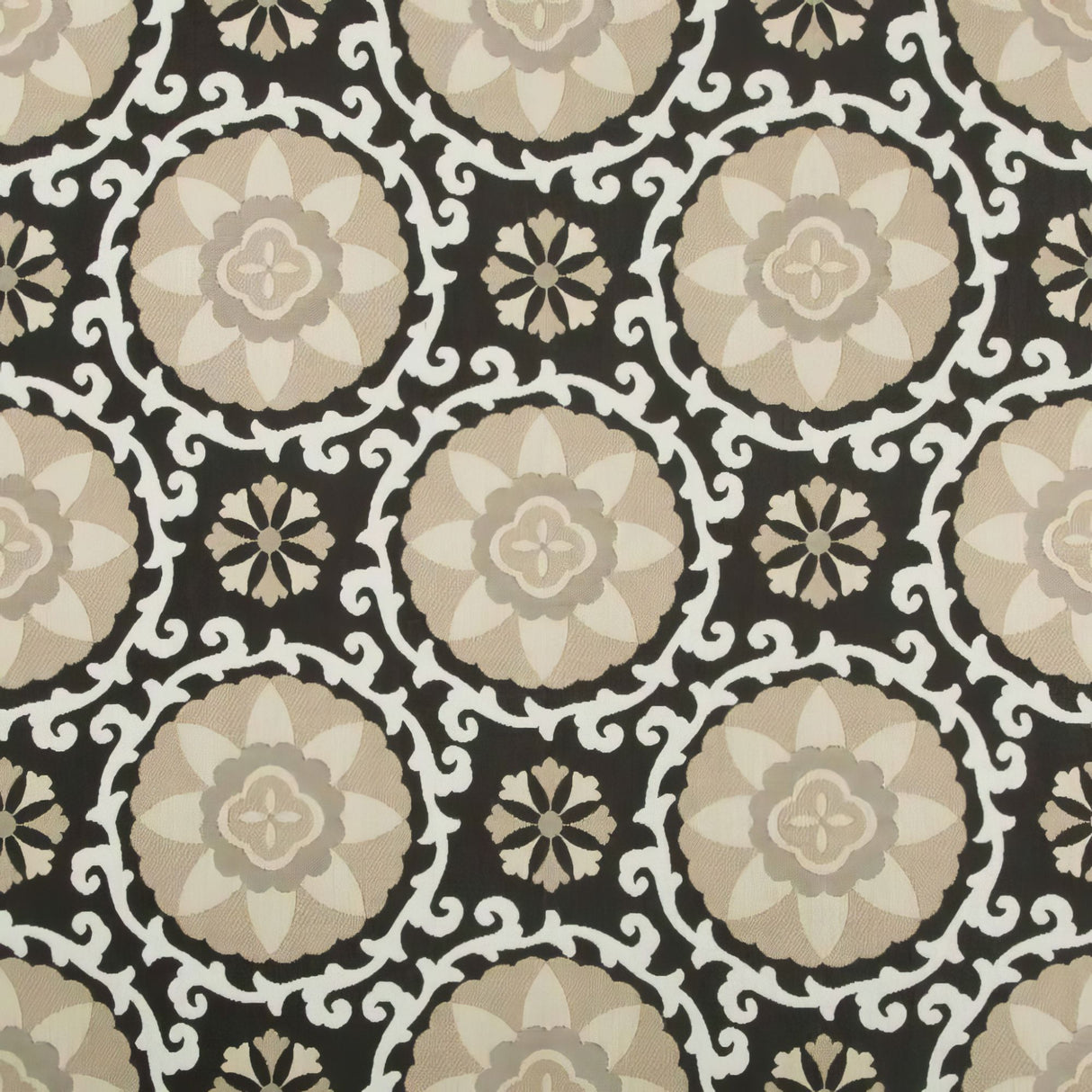 Sample of Kravet Sunbrella Exotic Suzani Coal 31969 - 816 Oceania Indoor Outdoor Collection Upholstery Fabric