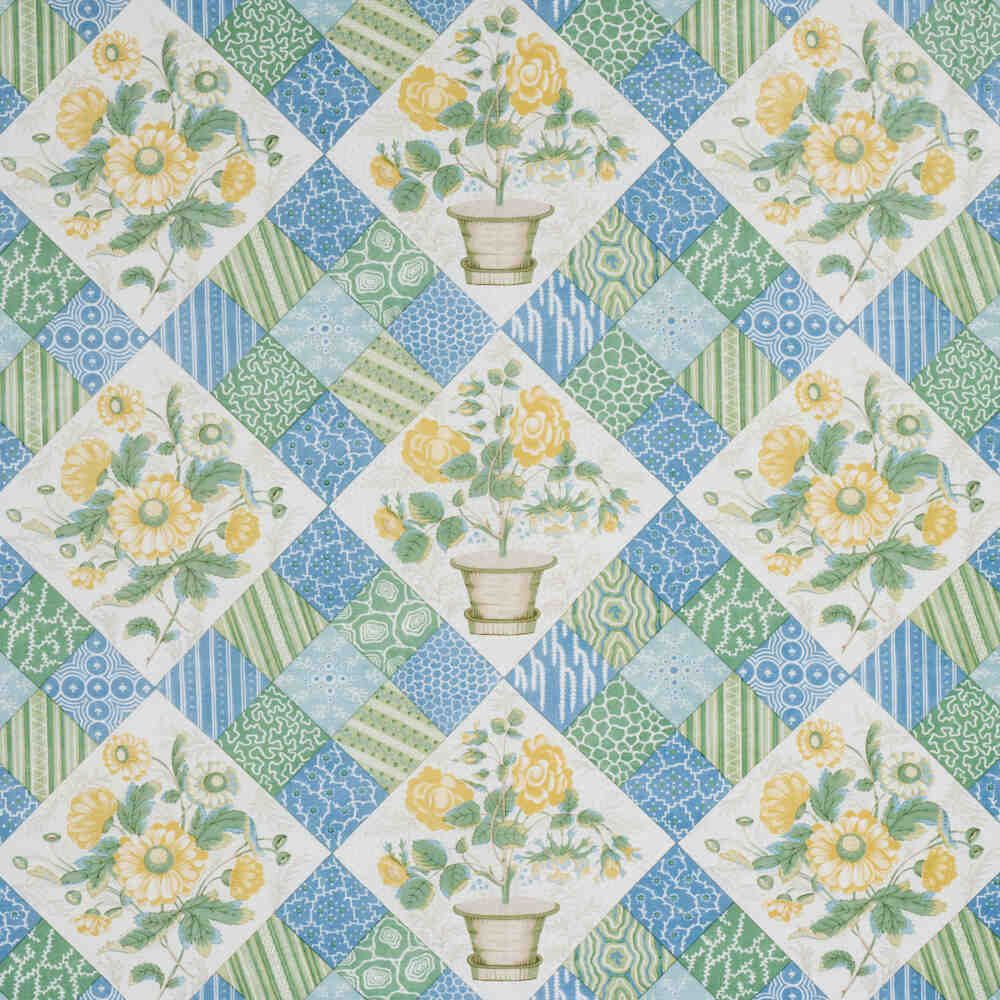 Schumacher Caldwell Patchwork Chintz Yellow And Cornflower 180120 Schumacher Classics Collection Indoor Upholstery Fabric